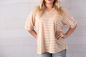 Oversized Casual Stripe V-Neck Knit Top Beige