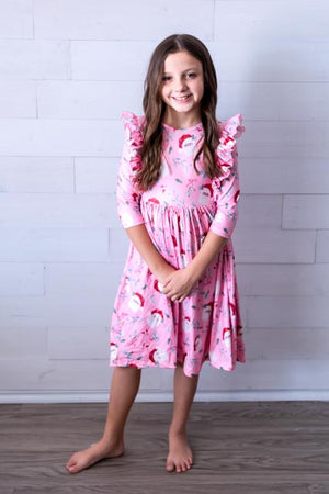 Jolly Old Saint Nick 3/4 Sleeve Ruffle Twirl Dress