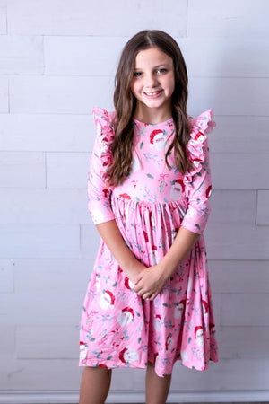 Jolly Old Saint Nick 3/4 Sleeve Ruffle Twirl Dress