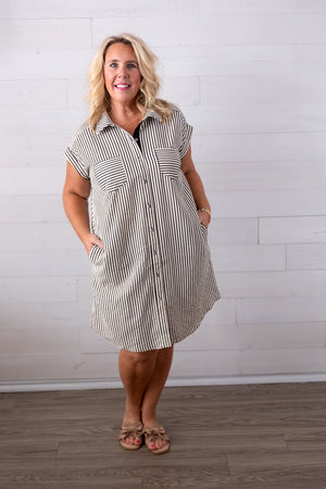 Woven Striped Button Down Shirt Mini Dress with Pockets Black