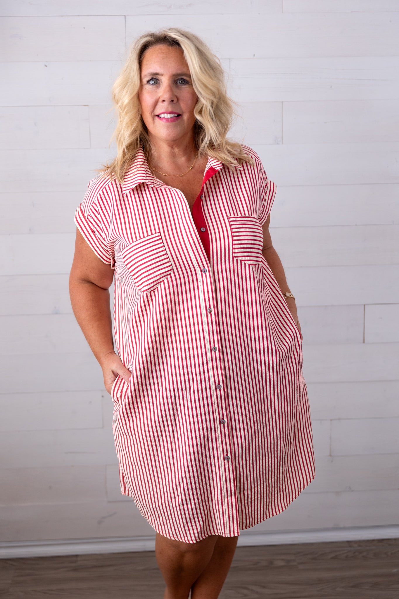 Woven Striped Button Down Shirt Mini Dress with Pockets Red