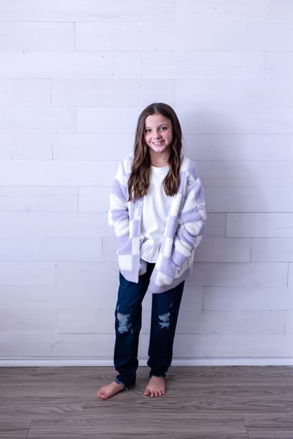Lavender Checker Bow Cozy Cardigan