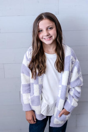 Lavender Checker Bow Cozy Cardigan