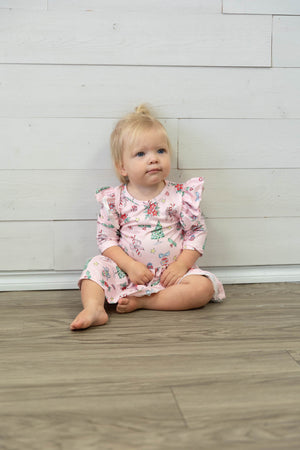 Pink Christmas 3/4 Sleeve Twirl Flutter Bodysuit