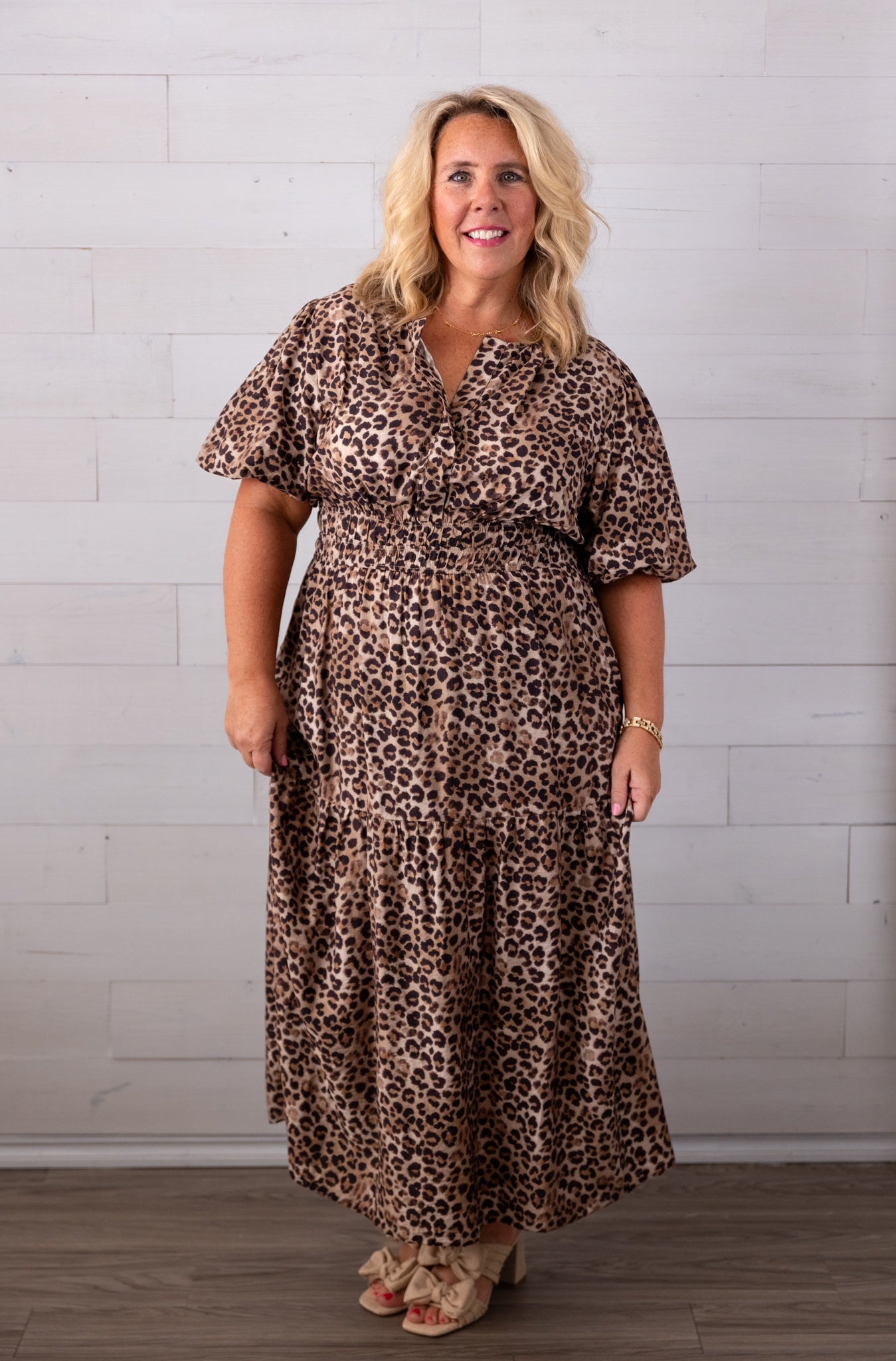 Puff Sleeve Leopard Print Tiered Midi Dress Mocha