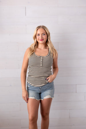 Striped Knit Sleeveless Button Down Tank Black