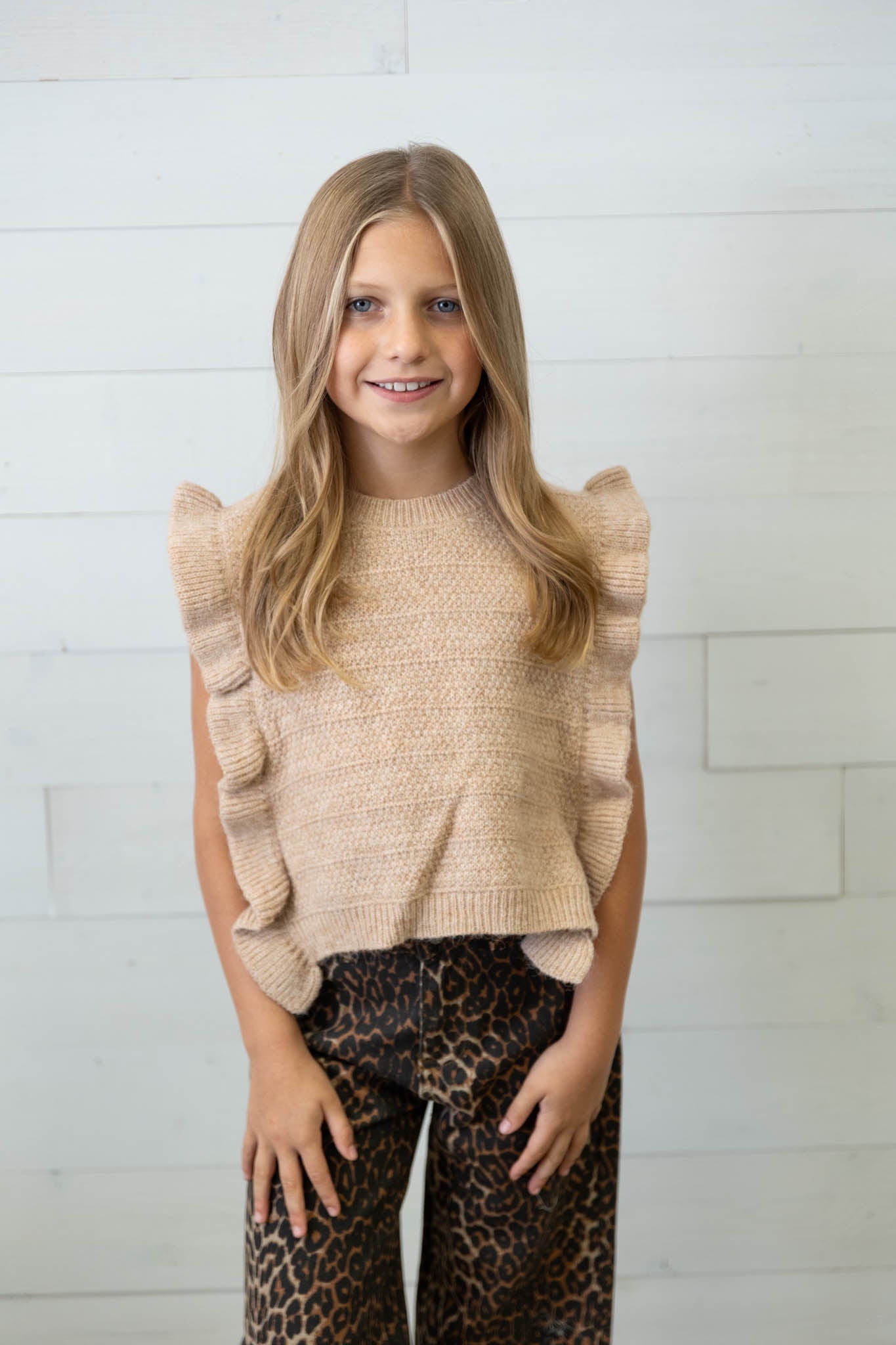 Girl's Beige Knitted Sleeveless Sweater