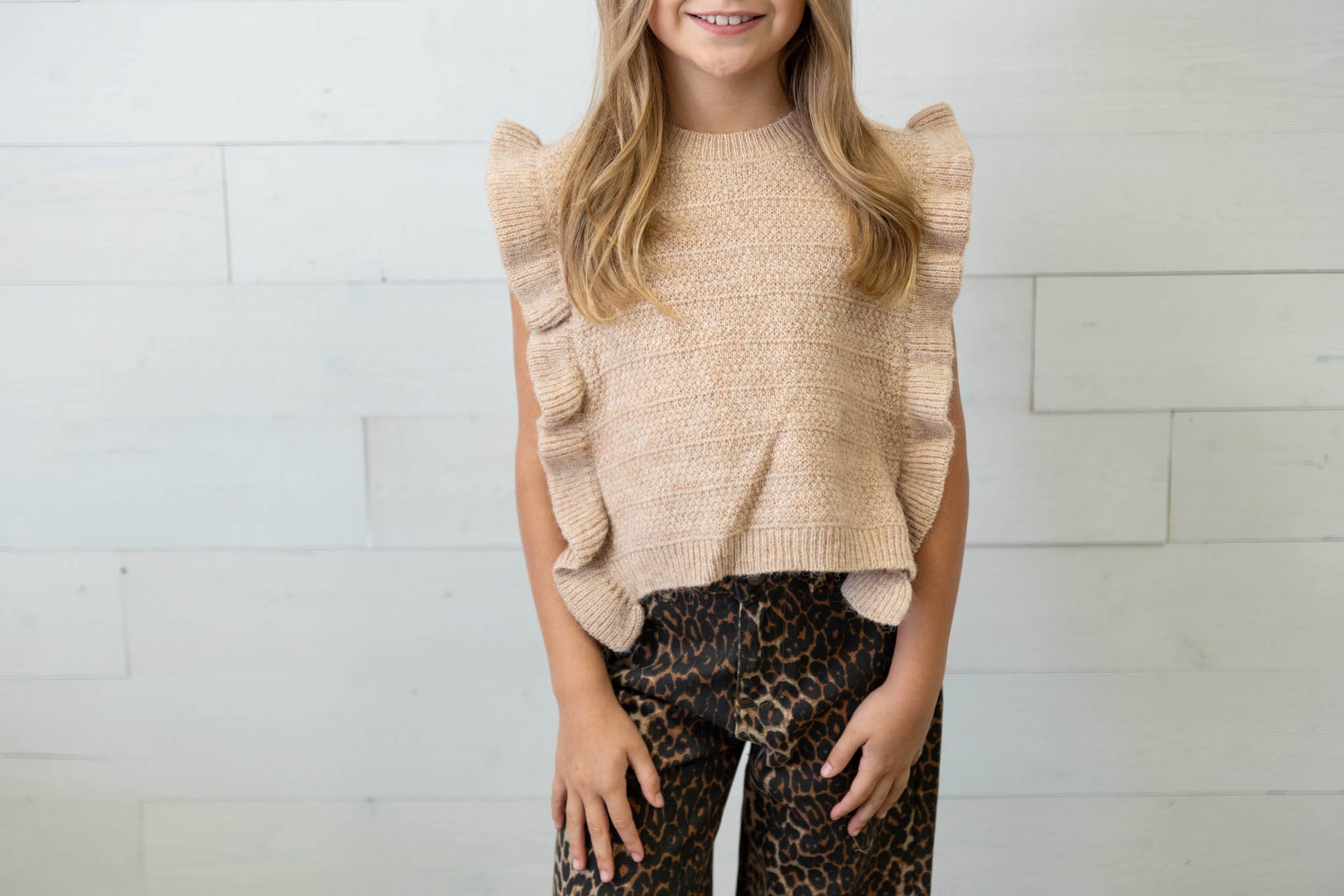 Girl's Beige Knitted Sleeveless Sweater