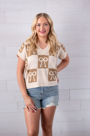 Bow Graphic Knit Summer Sweater Top Mocha