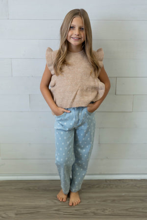 Girls Denim Pants with White Daisies