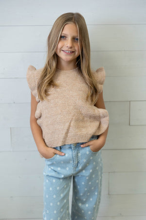 Girl's Beige Knitted Sleeveless Sweater