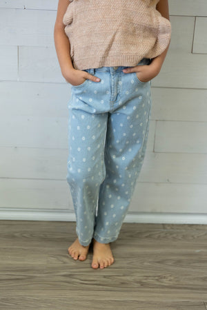 Girls Denim Pants with White Daisies