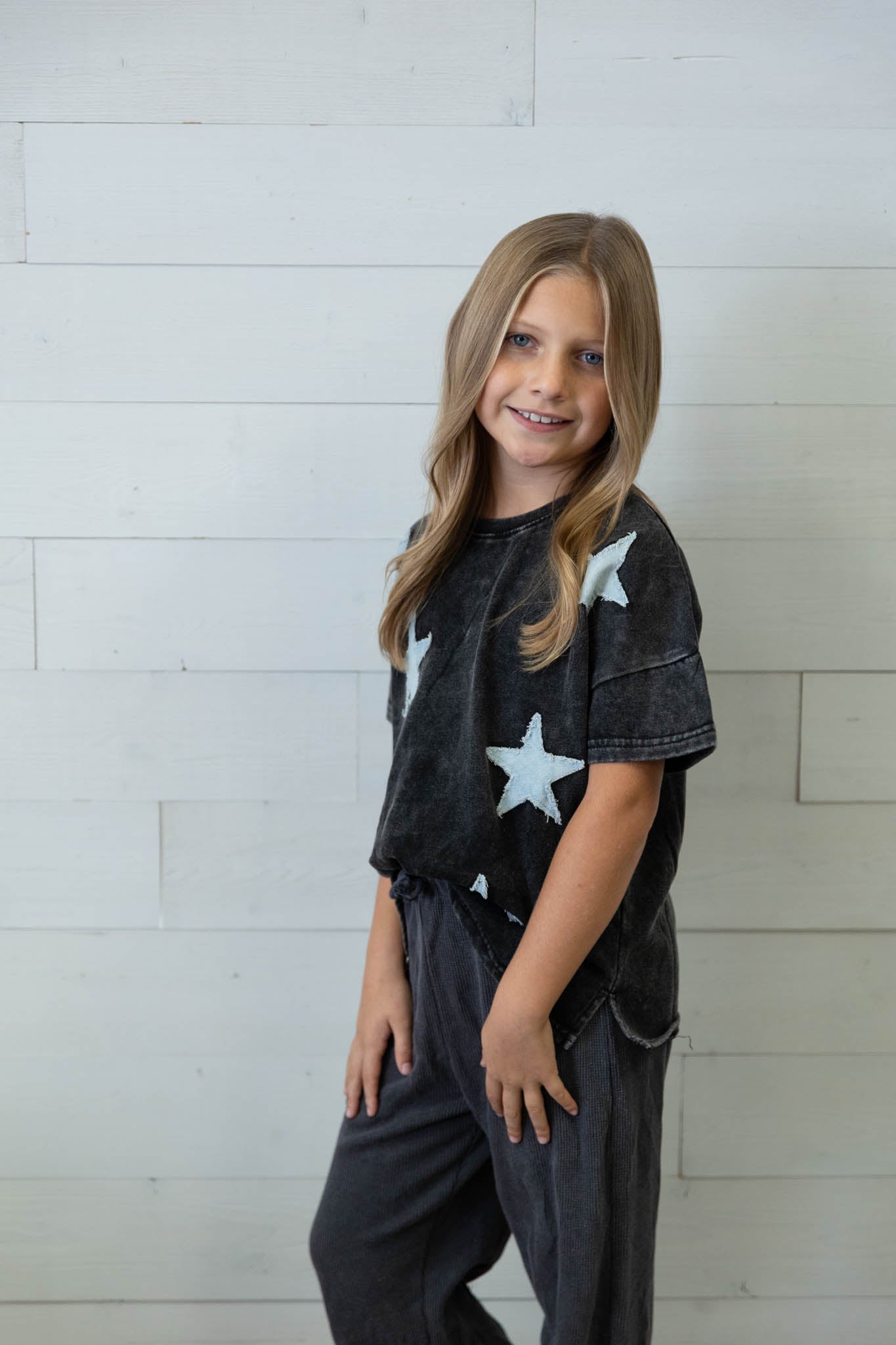Girls Black Top With Denim Stars