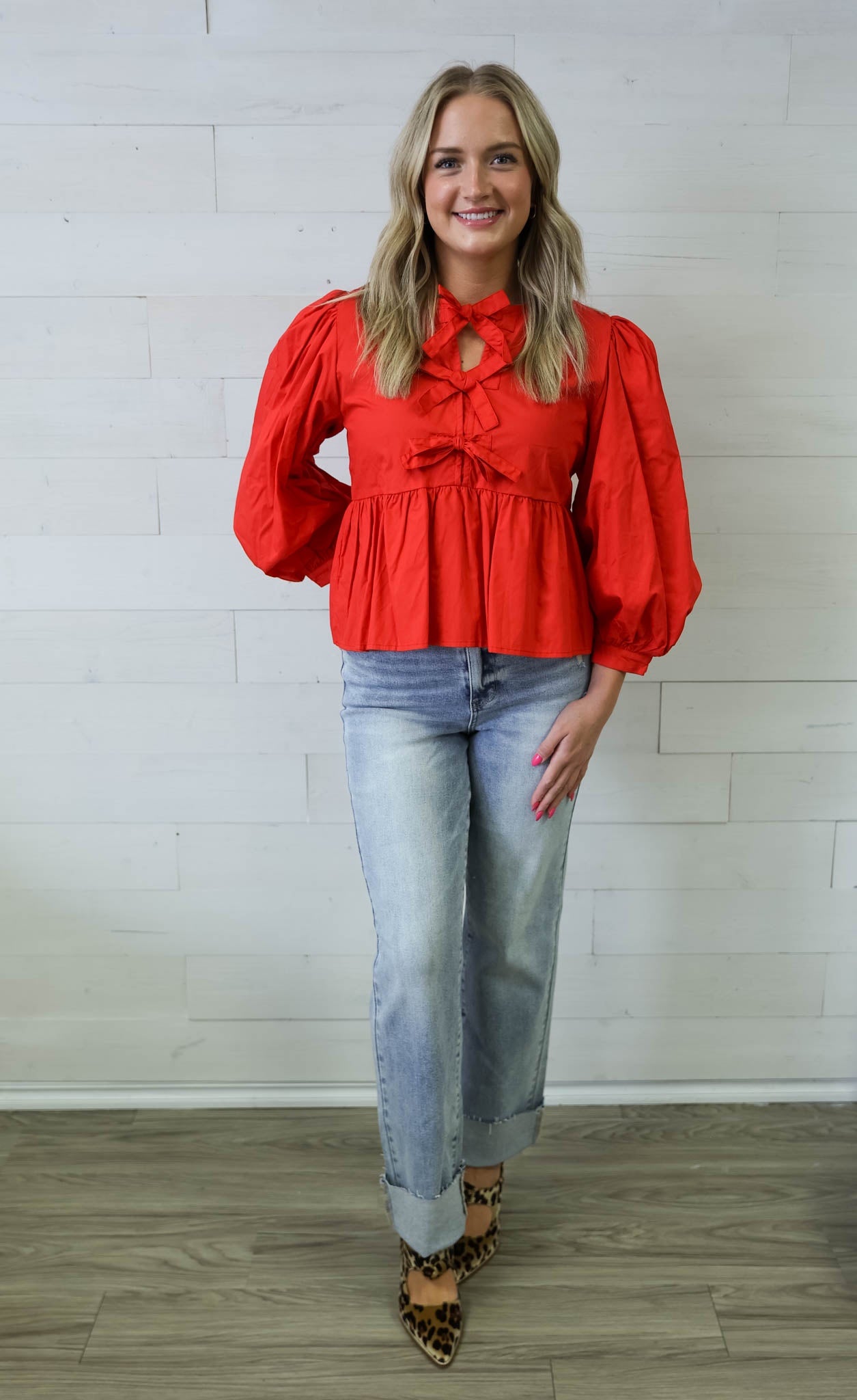 Ashley Red Front Tie 3/4 Puff Sleeve Top