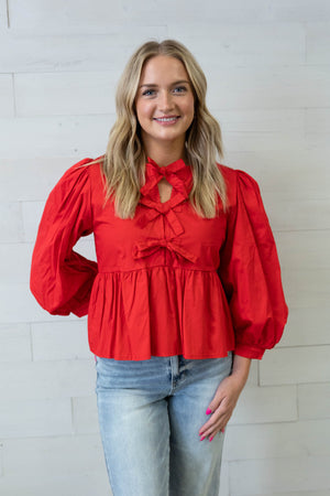 Ashley Red Front Tie 3/4 Puff Sleeve Top