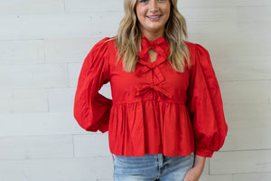 Ashley Red Front Tie 3/4 Puff Sleeve Top