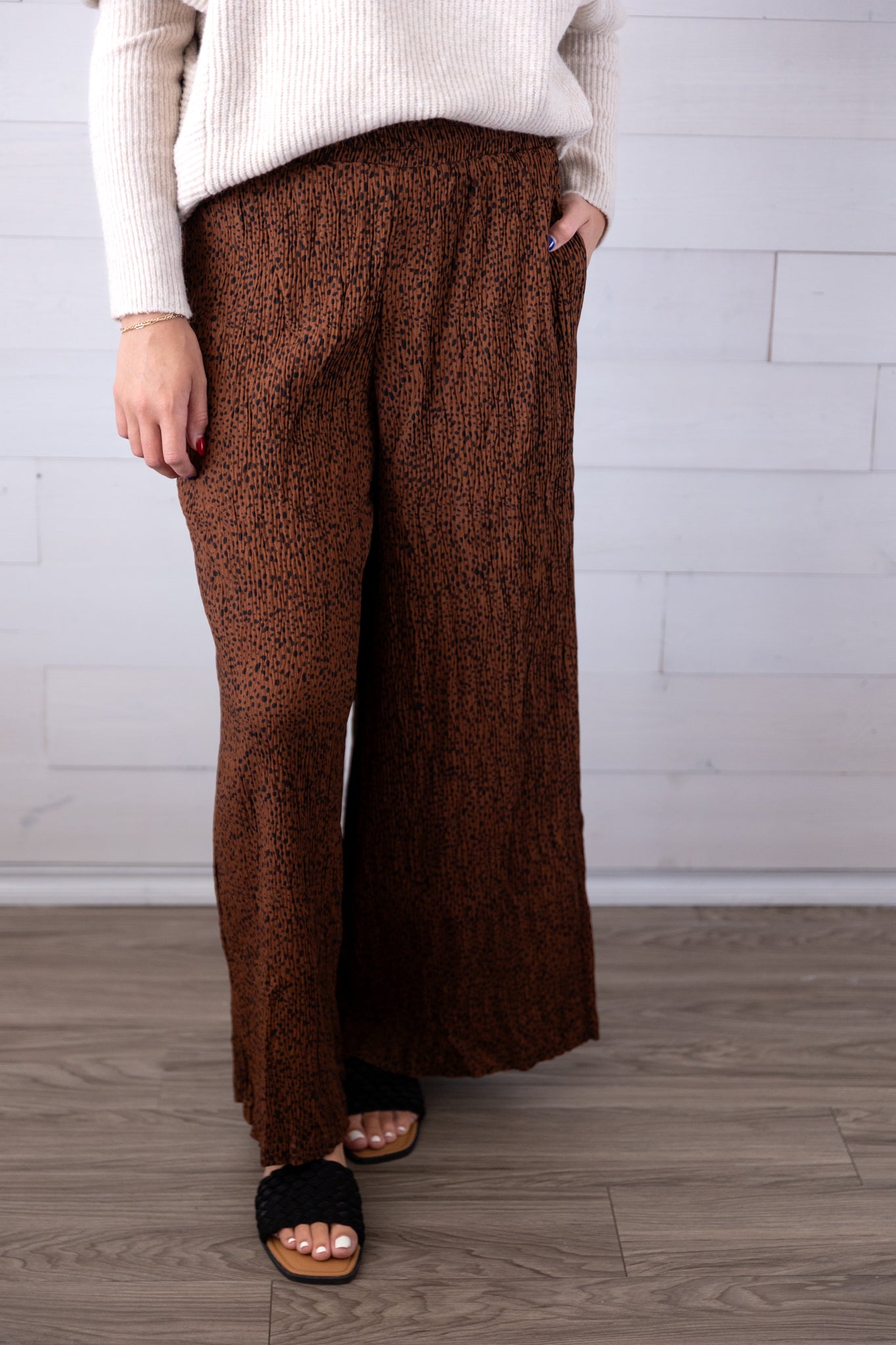 High Waist Crinkled Wide Leg Pants with Pockets Brown Dotted