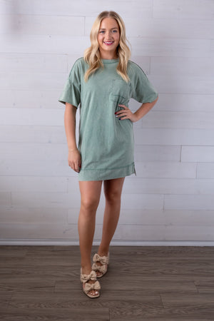 Mineral Washed Knit Oversized Shift Mini Dress Sage