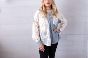 Contrast Ribbed Knit and Lace Shacket Jacket Blue