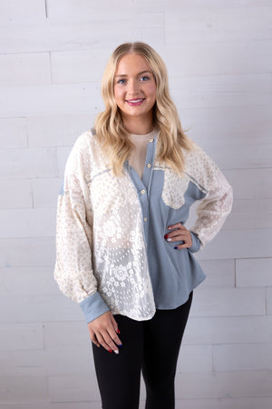 Contrast Ribbed Knit and Lace Shacket Jacket Blue