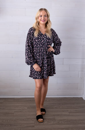 Flower Printed Velvet Babydoll Mini Dress Black