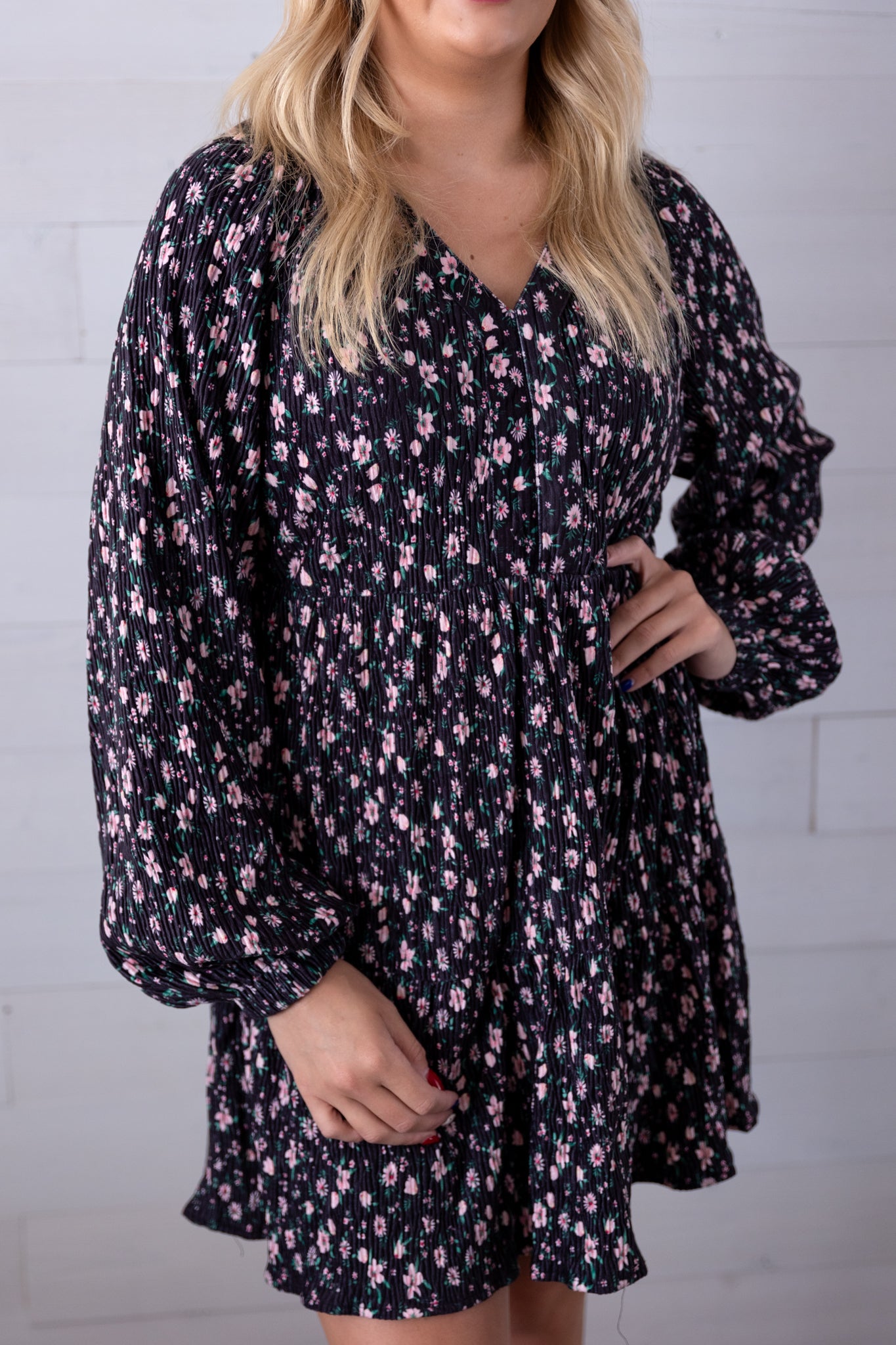 Flower Printed Velvet Babydoll Mini Dress Black