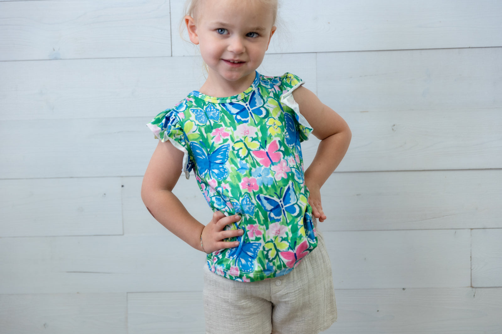 Watercolor Butterflies Ruffle Sleeve Tee