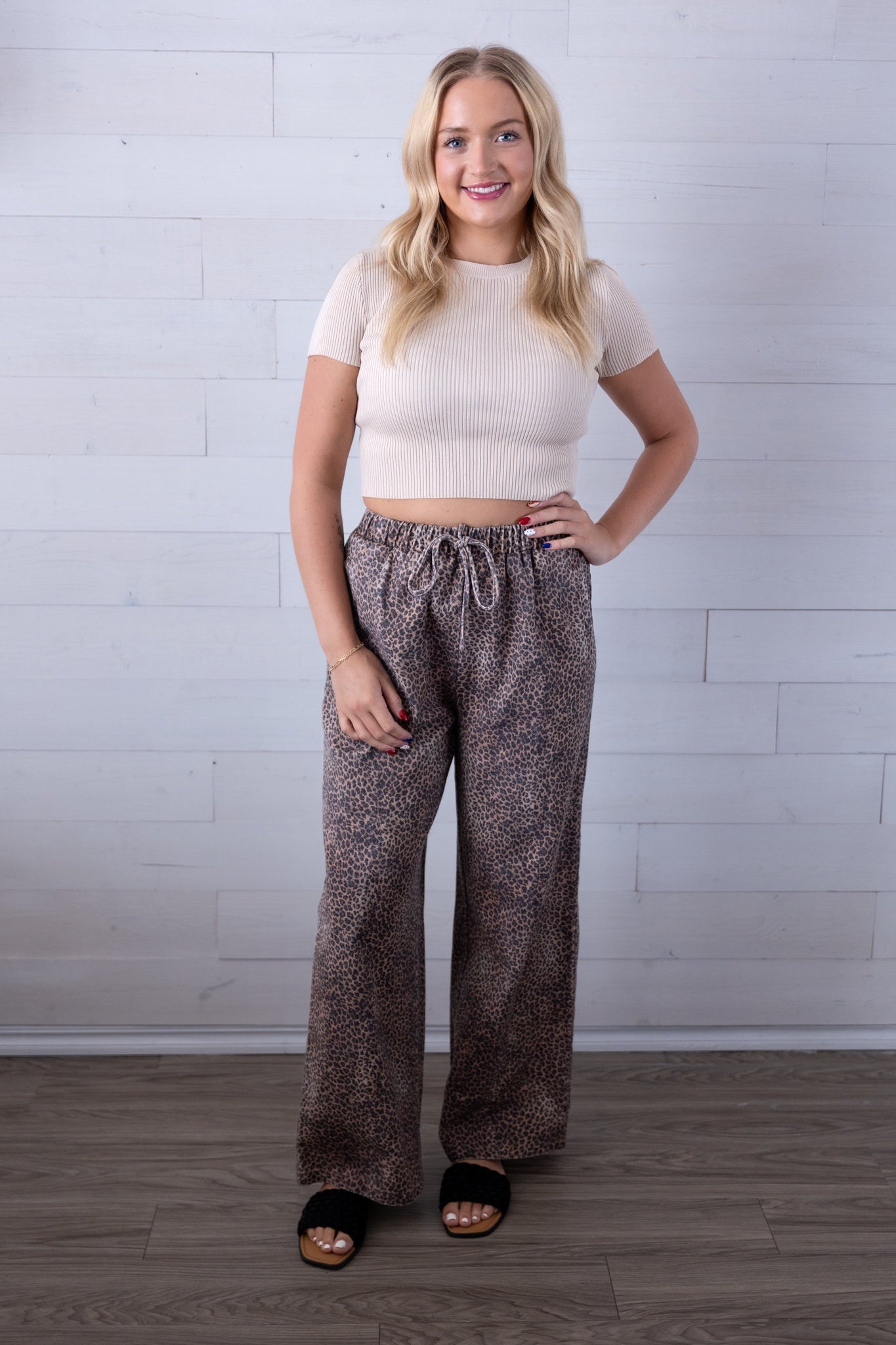 Leopard Elastic Twill Washed Long Pants with Pockets
