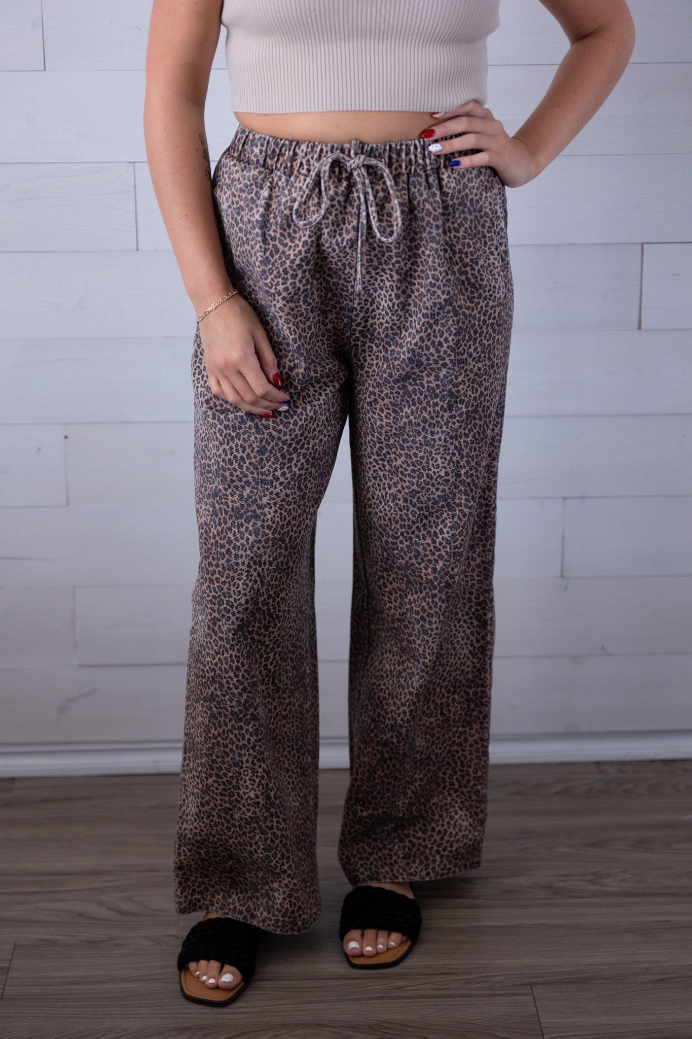 Leopard Elastic Twill Washed Long Pants with Pockets