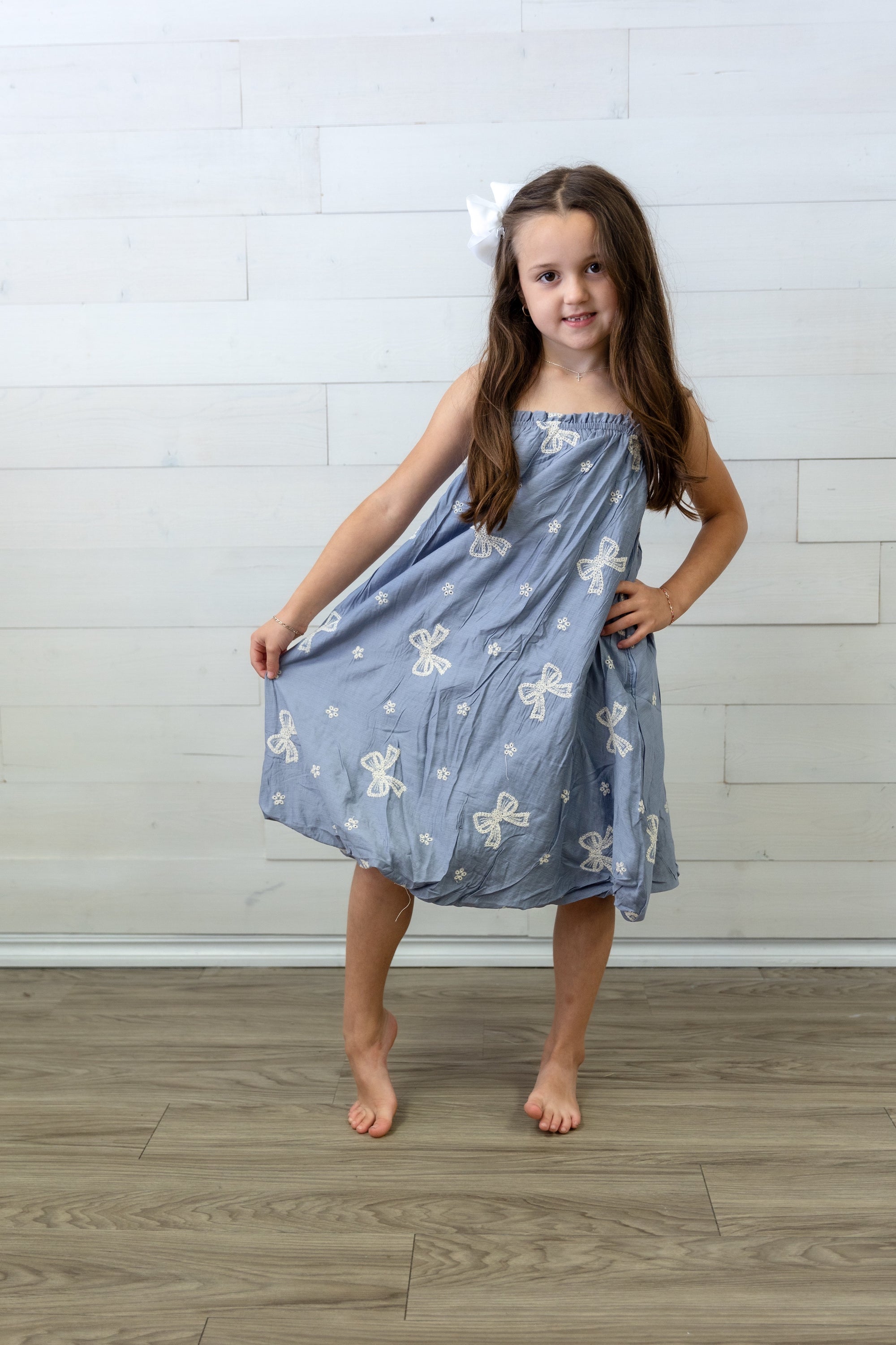 Girls Blue Sundress with Ivory Bows
