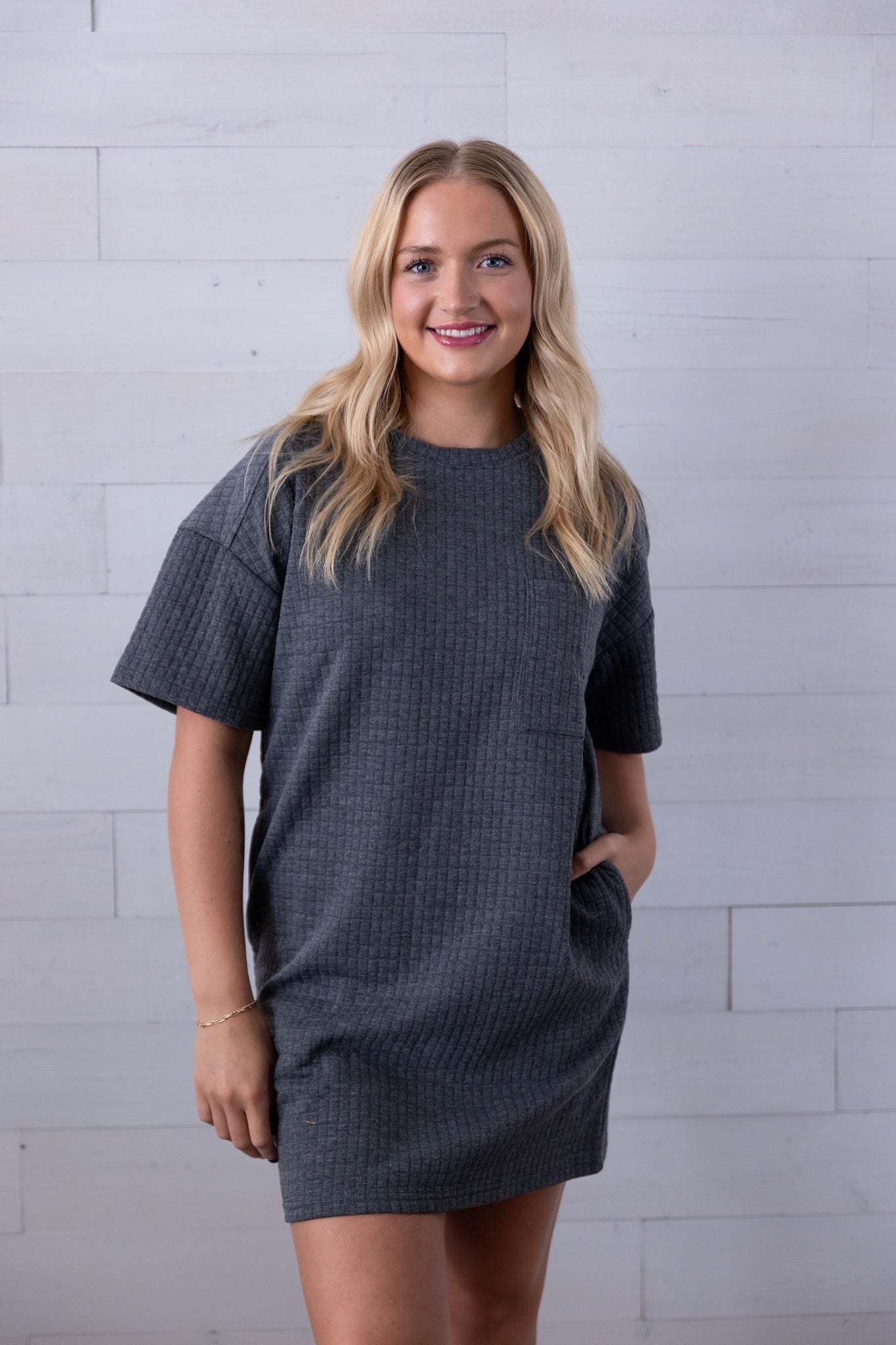 Oversized Quilted Basic Shift Mini Dress Charcoal