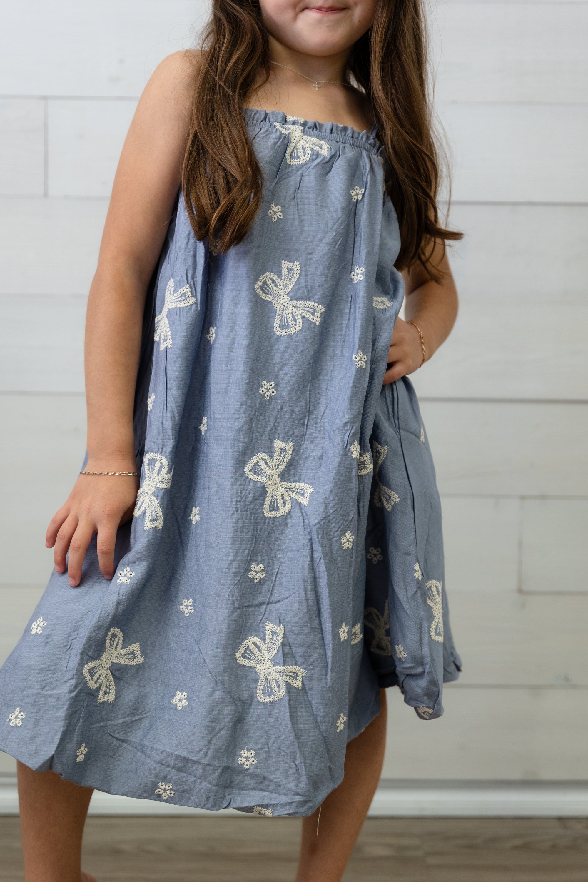 Girls Blue Sundress with Ivory Bows