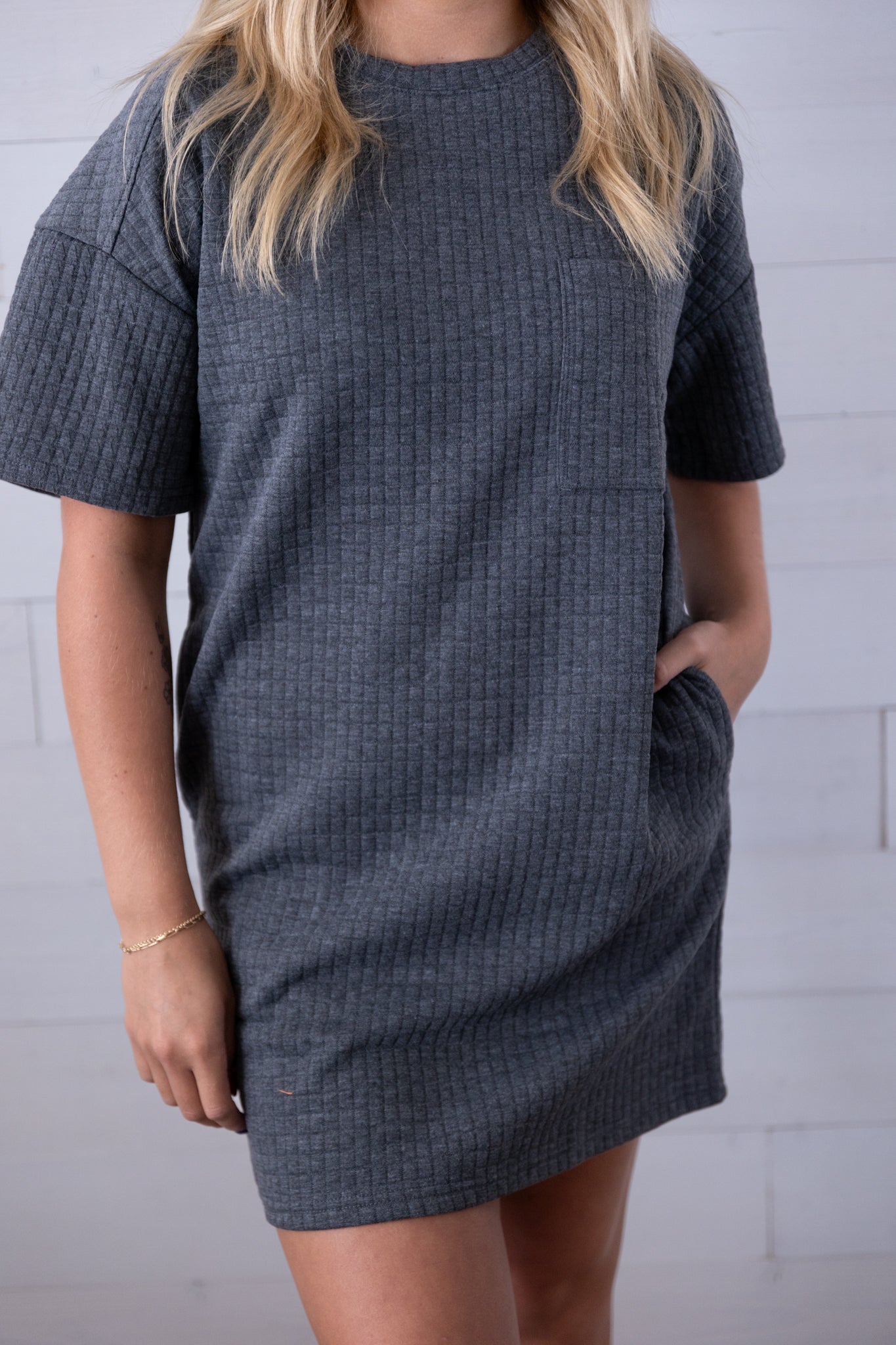 Oversized Quilted Basic Shift Mini Dress Charcoal
