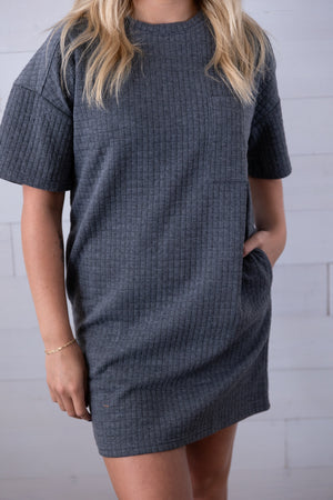 Oversized Quilted Basic Shift Mini Dress Charcoal