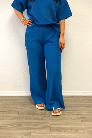 Ribbed Round Neck Tee & Pant Set Classic Blue