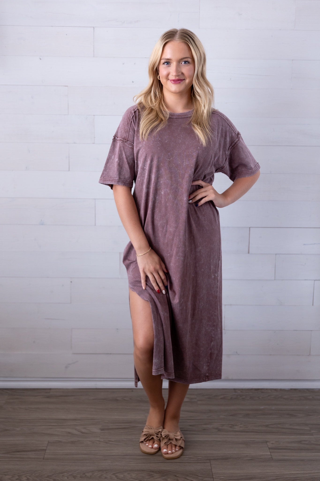 Mineral Washed Casual Comfy Midi Dress Chocolate