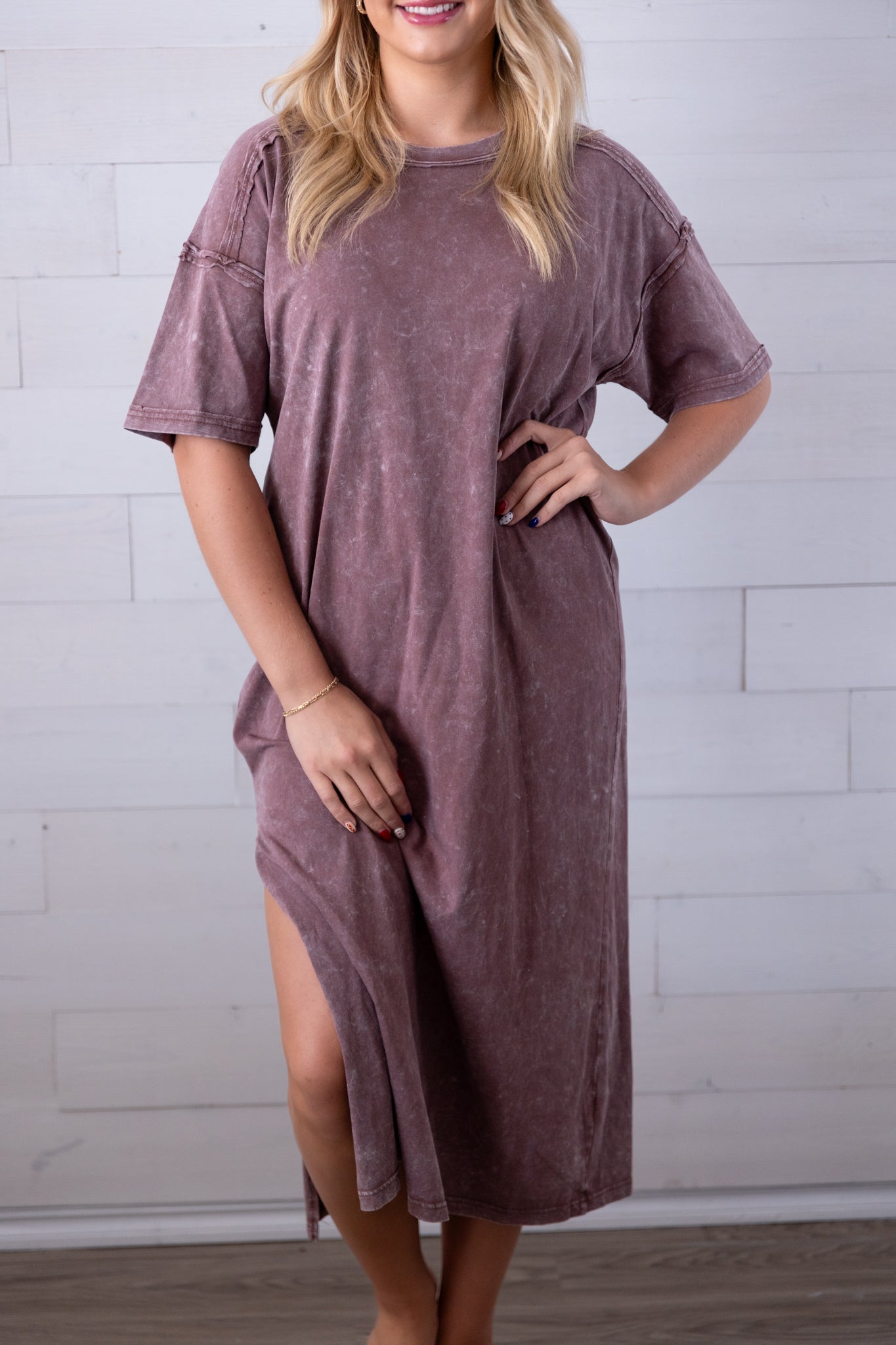 Mineral Washed Casual Comfy Midi Dress Chocolate