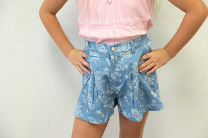 Girls Romantic Floral Pleated Chambray Shorts