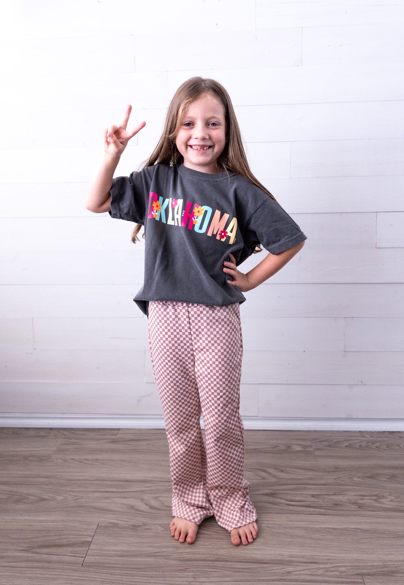 Girls Checkered Bell Bottom Pants Mauve