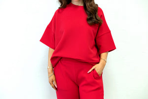 Ribbed Round Neck Tee & Pant Set Ruby