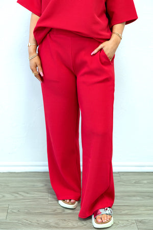 Ribbed Round Neck Tee & Pant Set Ruby