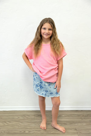 Girls Floral Printed Light Denim Skirt