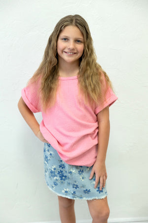 Girls Textured Rib Knit Roll Sleeve T-Shirt Pink