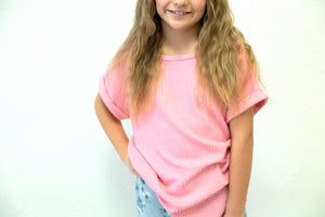 Girls Textured Rib Knit Roll Sleeve T-Shirt Pink
