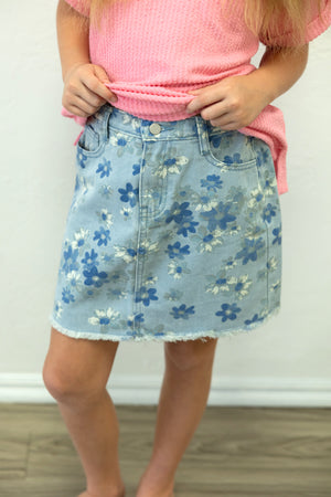 Girls Floral Printed Light Denim Skirt