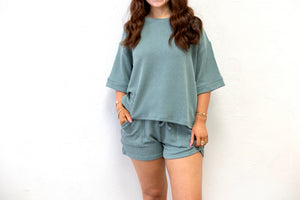 Raised Ribbed SS Tee & Short Set Jade