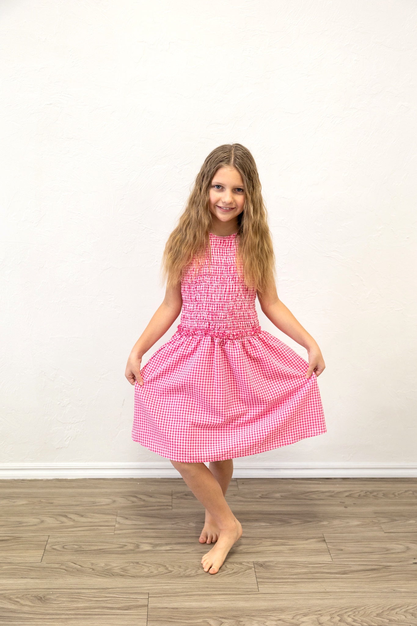 Girls Pink Gingham Smocked Seersucker Tank Dress