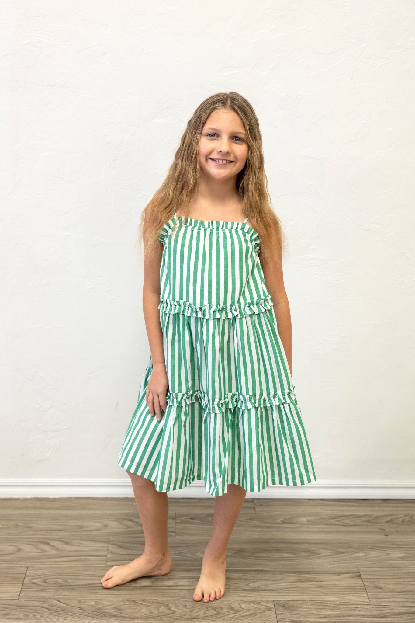 Girls Ruffle Trimmed Poplin Stripe Dress Green
