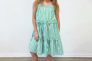 Girls Ruffle Trimmed Poplin Stripe Dress Green