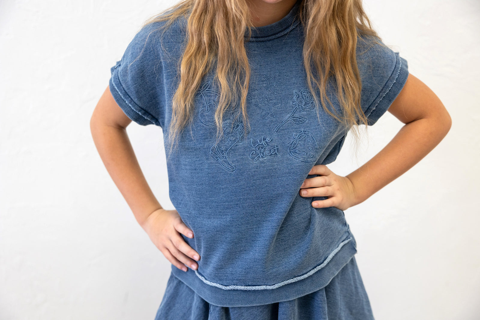 Denim Icons Embroidery Top Cross Back